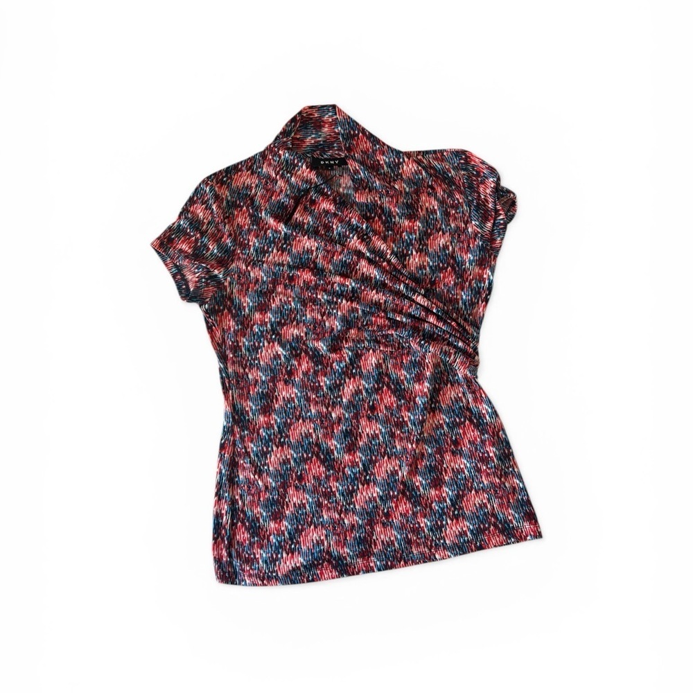 DKNY Women’s Abstract Print Wrap Top Short Sleeve Blouse Stretch M Holiday